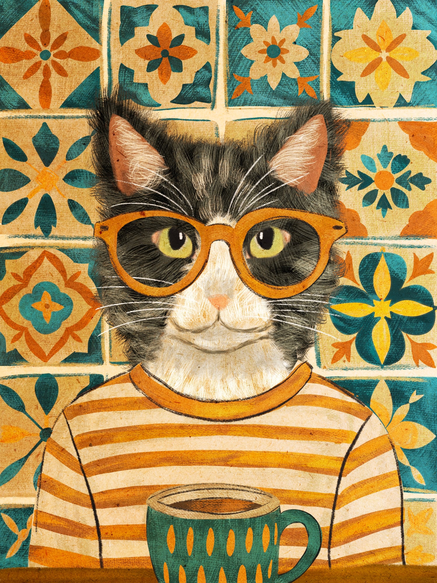 A playful illustrated cat wearing glasses.