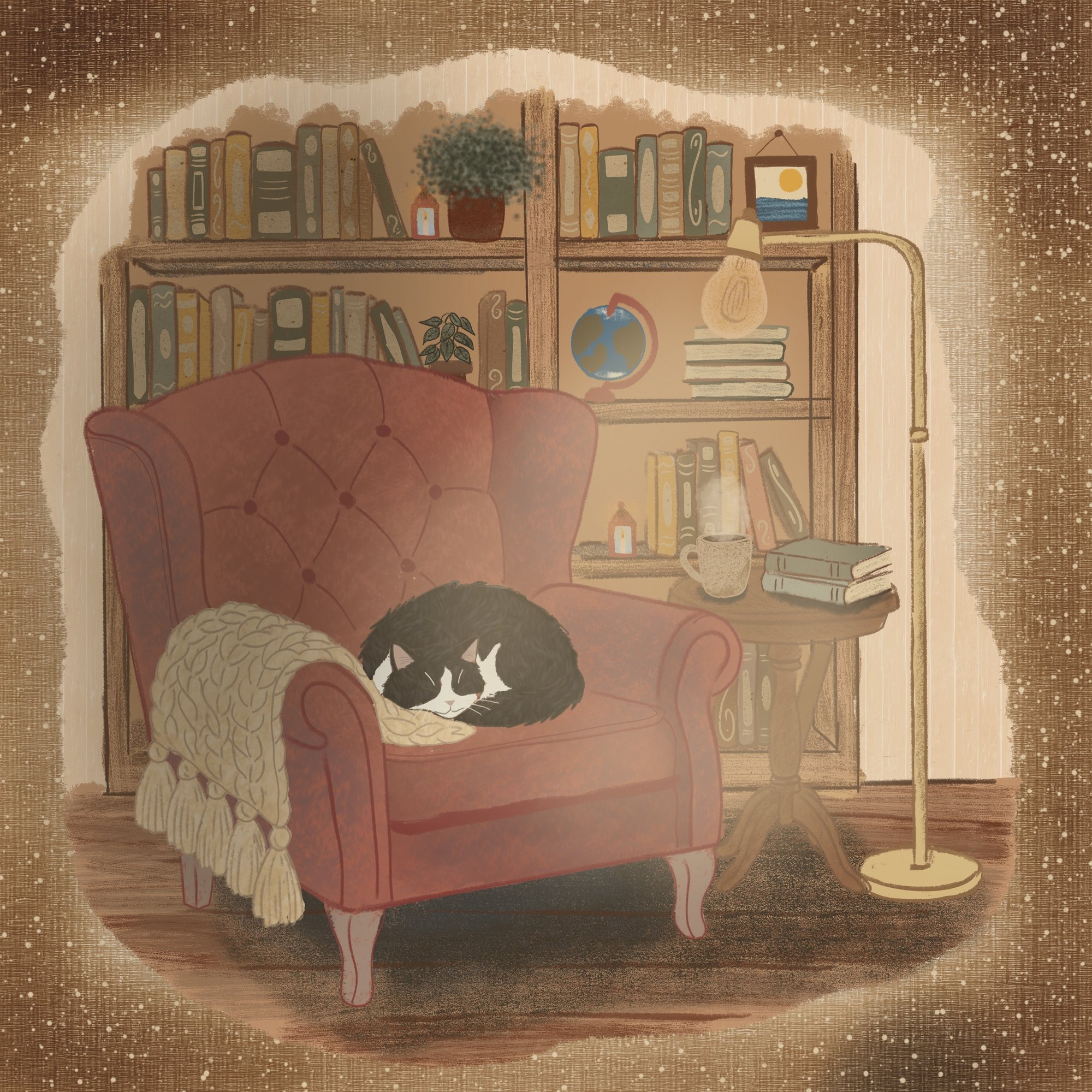 An illustration of a cat in a cozy library setting.